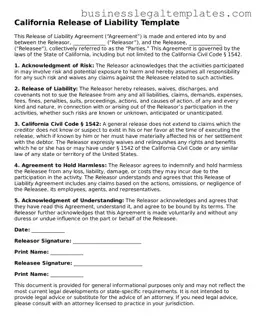 Blank California Release of Liability Document