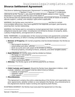 Fillable Divorce Settlement Agreement Form