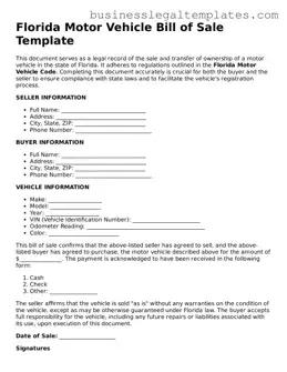 Blank Florida Motor Vehicle Bill of Sale Document
