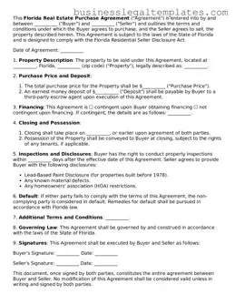 Blank Florida Real Estate Purchase Agreement Document