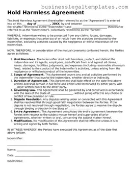 Fillable Hold Harmless Agreement Form