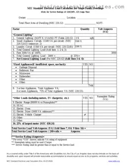 Printable LADBS NEC Standard Electrical Load Calculation Form