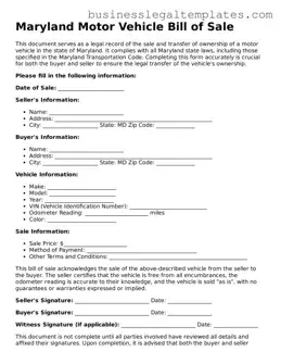 Blank Maryland Motor Vehicle Bill of Sale Document