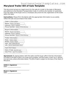 Blank Maryland Trailer Bill of Sale Document