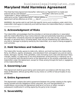 Blank Maryland Hold Harmless Agreement Document