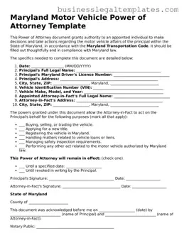 Blank Maryland Motor Vehicle Power of Attorney Document