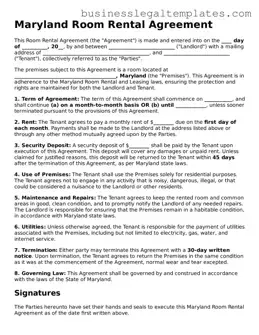 Blank Maryland Room Rental Agreement Document