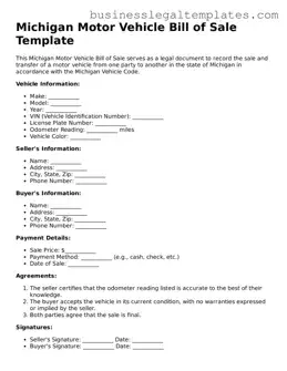 Blank Michigan Motor Vehicle Bill of Sale Document