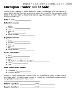 Blank Michigan Trailer Bill of Sale Document