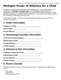 Blank Michigan Power of Attorney for a Child Document