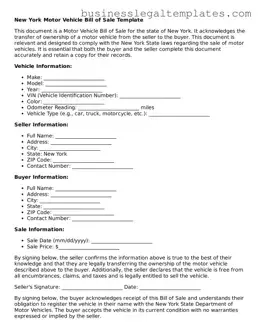 Blank New York Motor Vehicle Bill of Sale Document