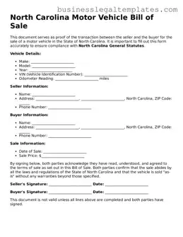 Blank North Carolina Motor Vehicle Bill of Sale Document