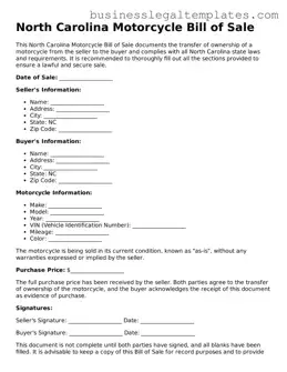 Blank North Carolina Motorcycle Bill of Sale Document