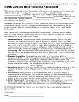 Blank North Carolina Hold Harmless Agreement Document
