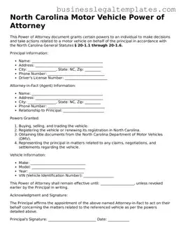 Blank North Carolina Motor Vehicle Power of Attorney Document