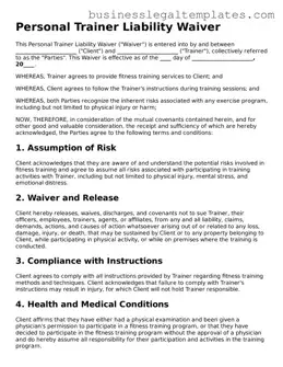 Fillable Personal Trainer Liability Waiver Form