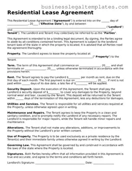 Fillable Lease Agreement Form