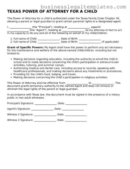 Blank Texas Power of Attorney for a Child Document