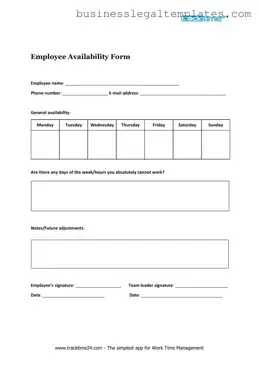 Printable Employee Availability Form