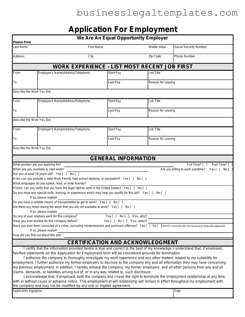 Printable Spanish Application Employment Form