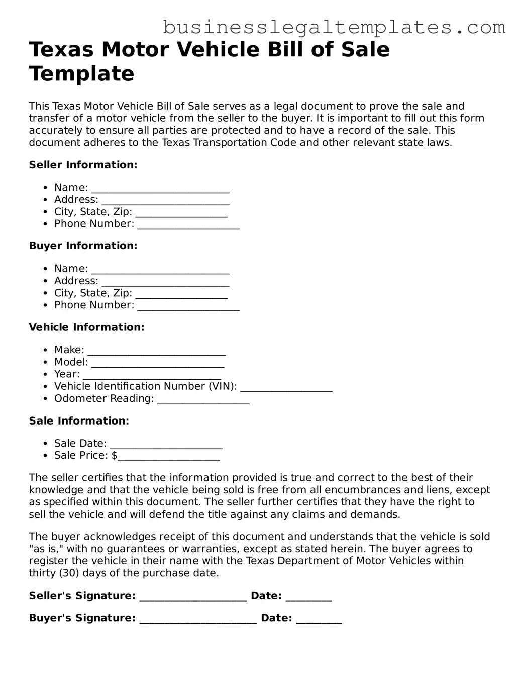 Blank Texas Motor Vehicle Bill of Sale Document