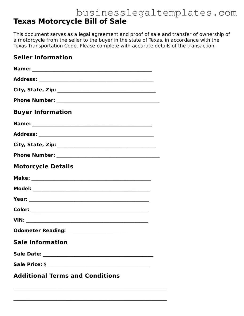 Blank Texas Motorcycle Bill of Sale Document