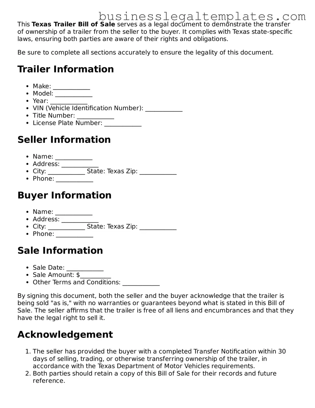 Blank Texas Trailer Bill of Sale Document