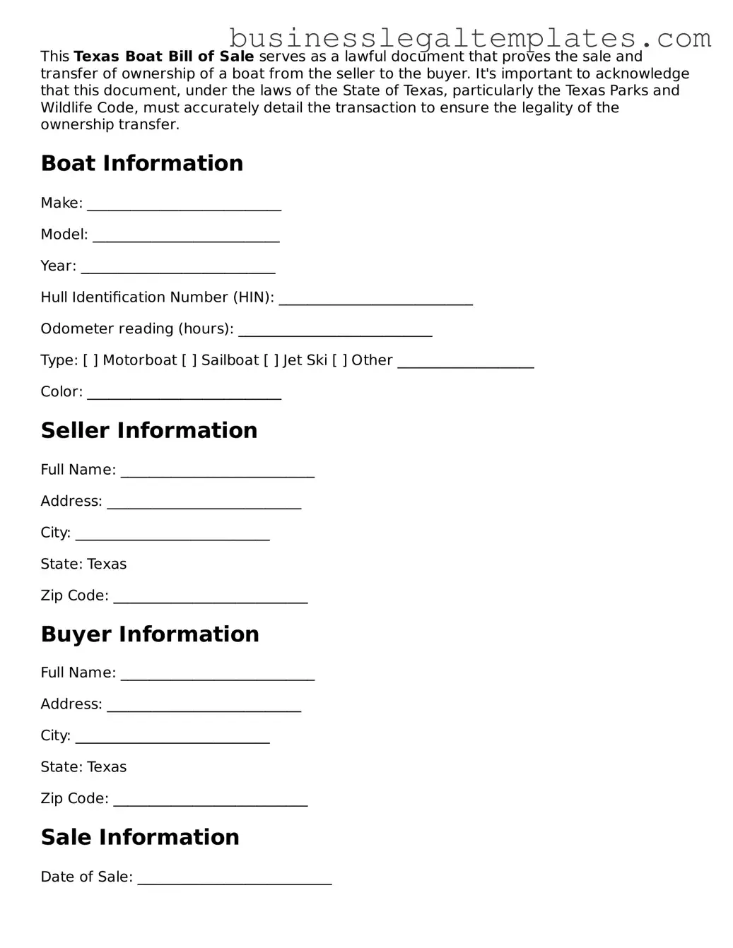 Blank Texas Boat Bill of Sale Document