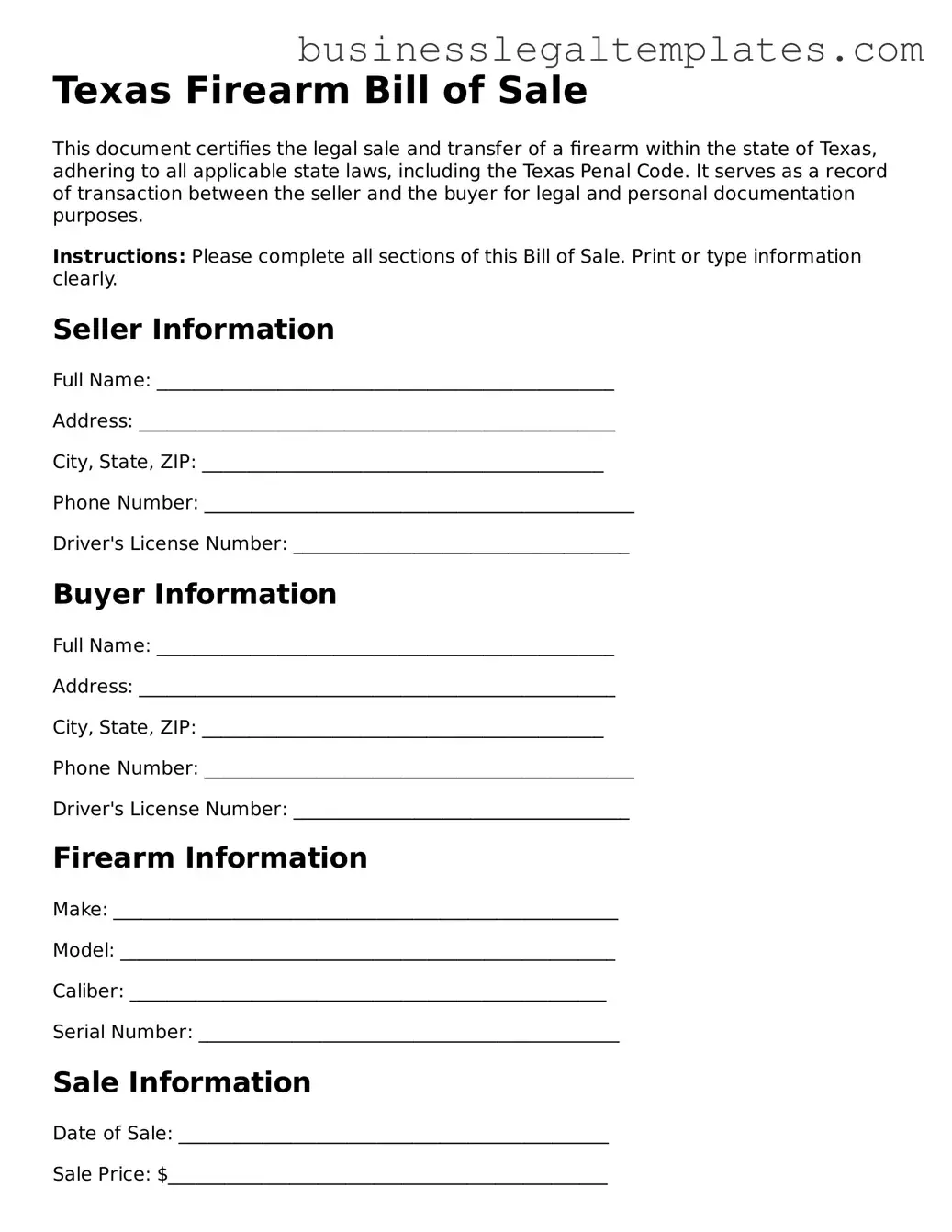 Blank Texas Firearm Bill of Sale Document