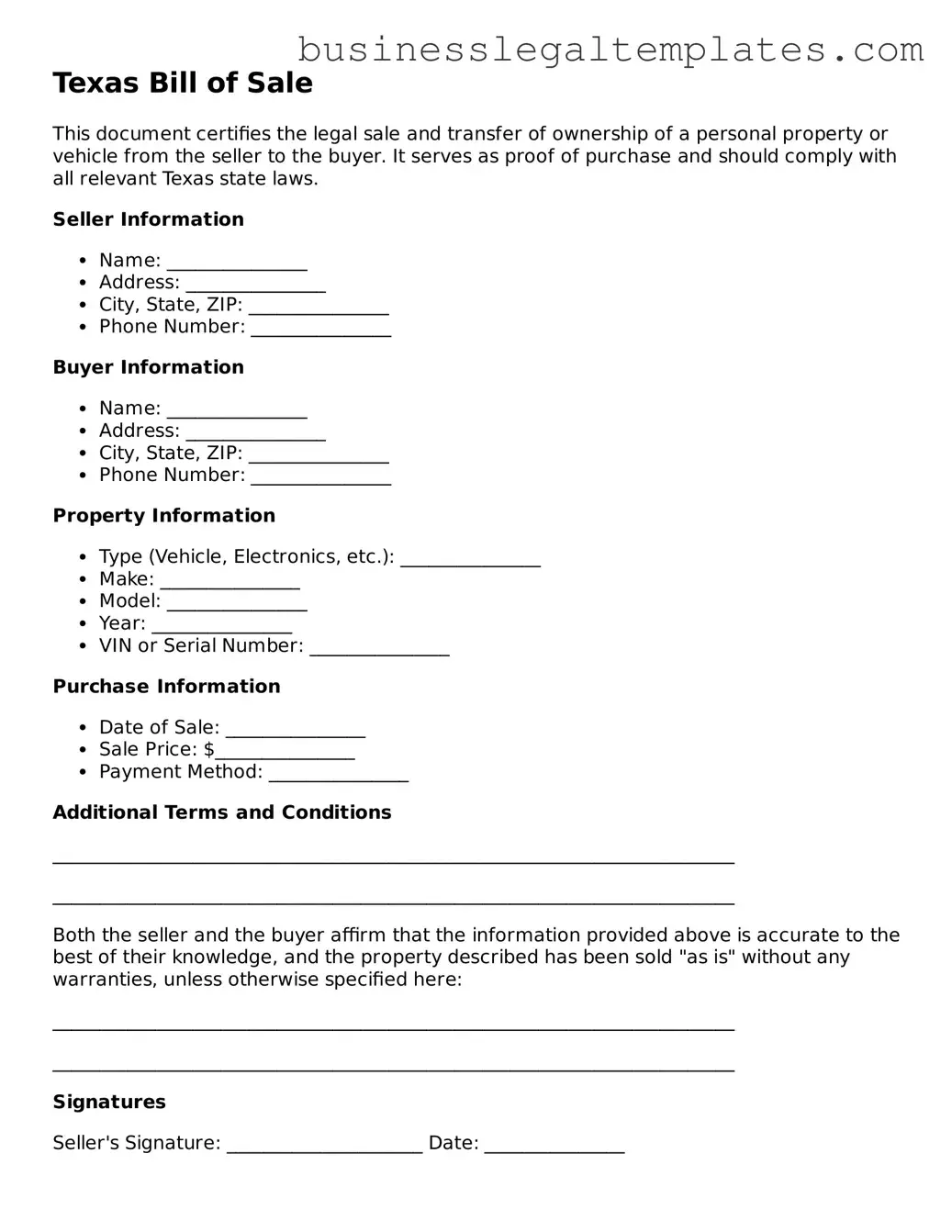 Blank Texas Bill of Sale Document
