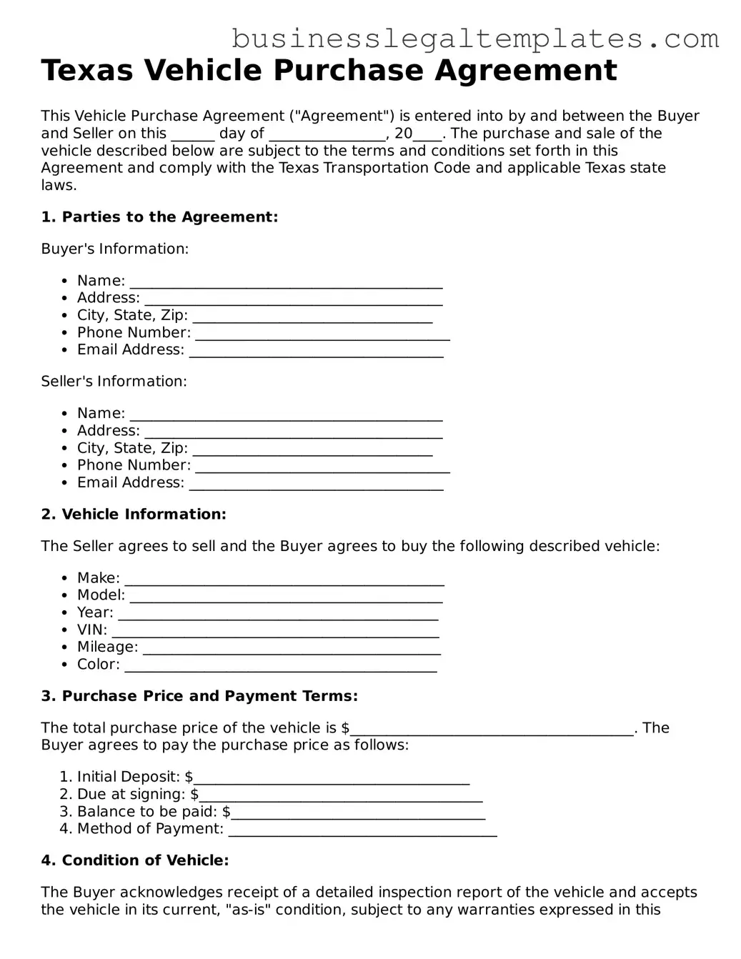 Blank Texas Vehicle Purchase Agreement Document
