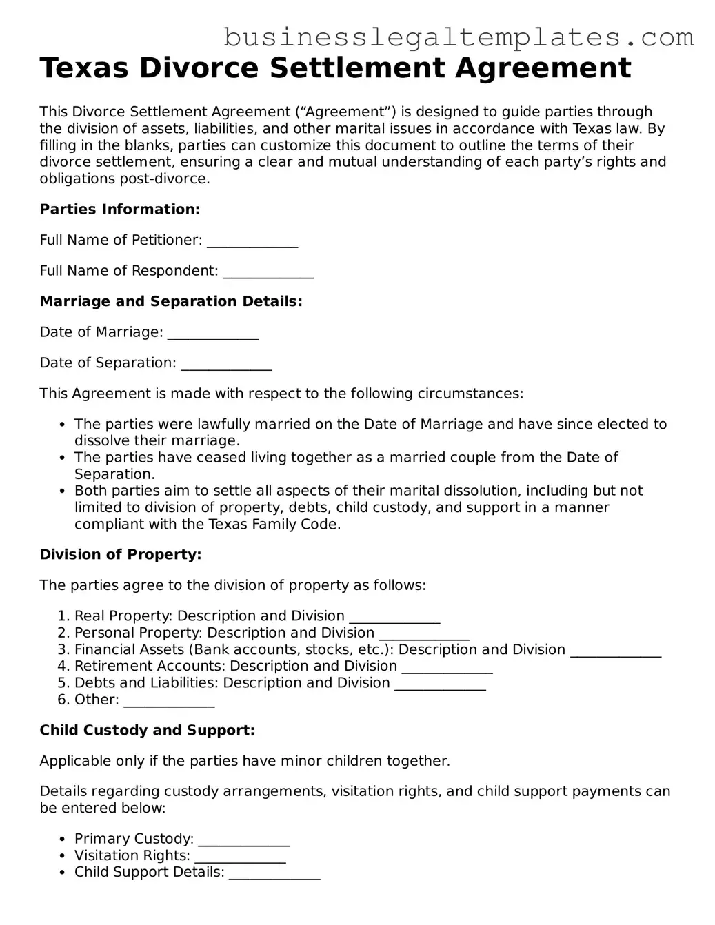 Blank Texas Divorce Settlement Agreement Document