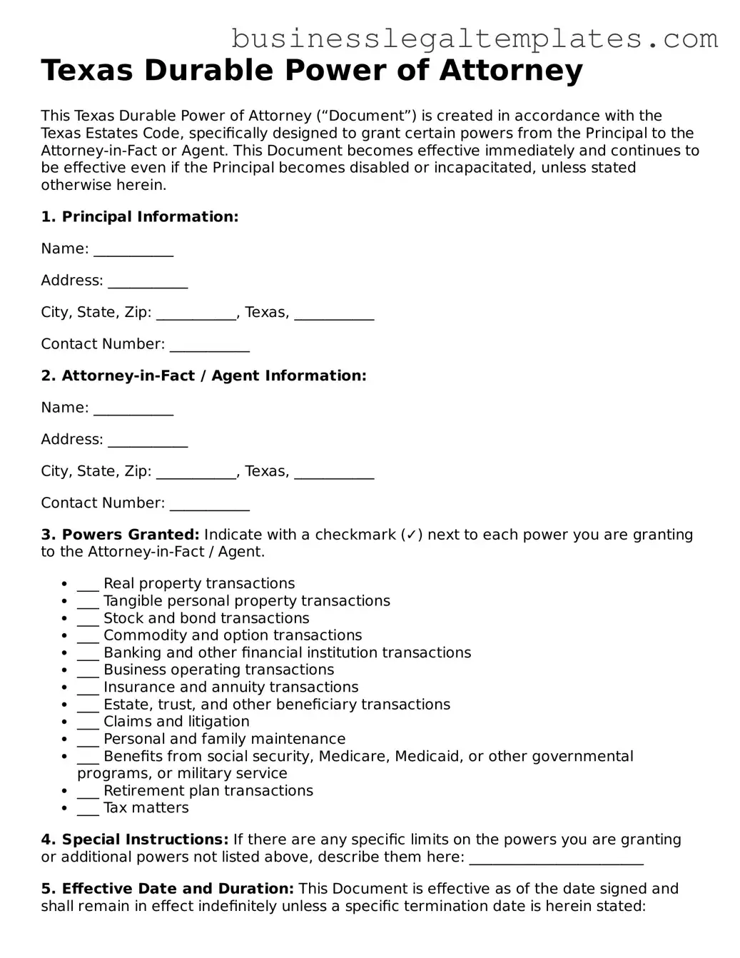 Blank Texas Durable Power of Attorney Document