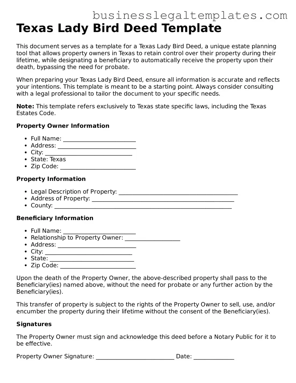 Blank Texas Lady Bird Deed Document