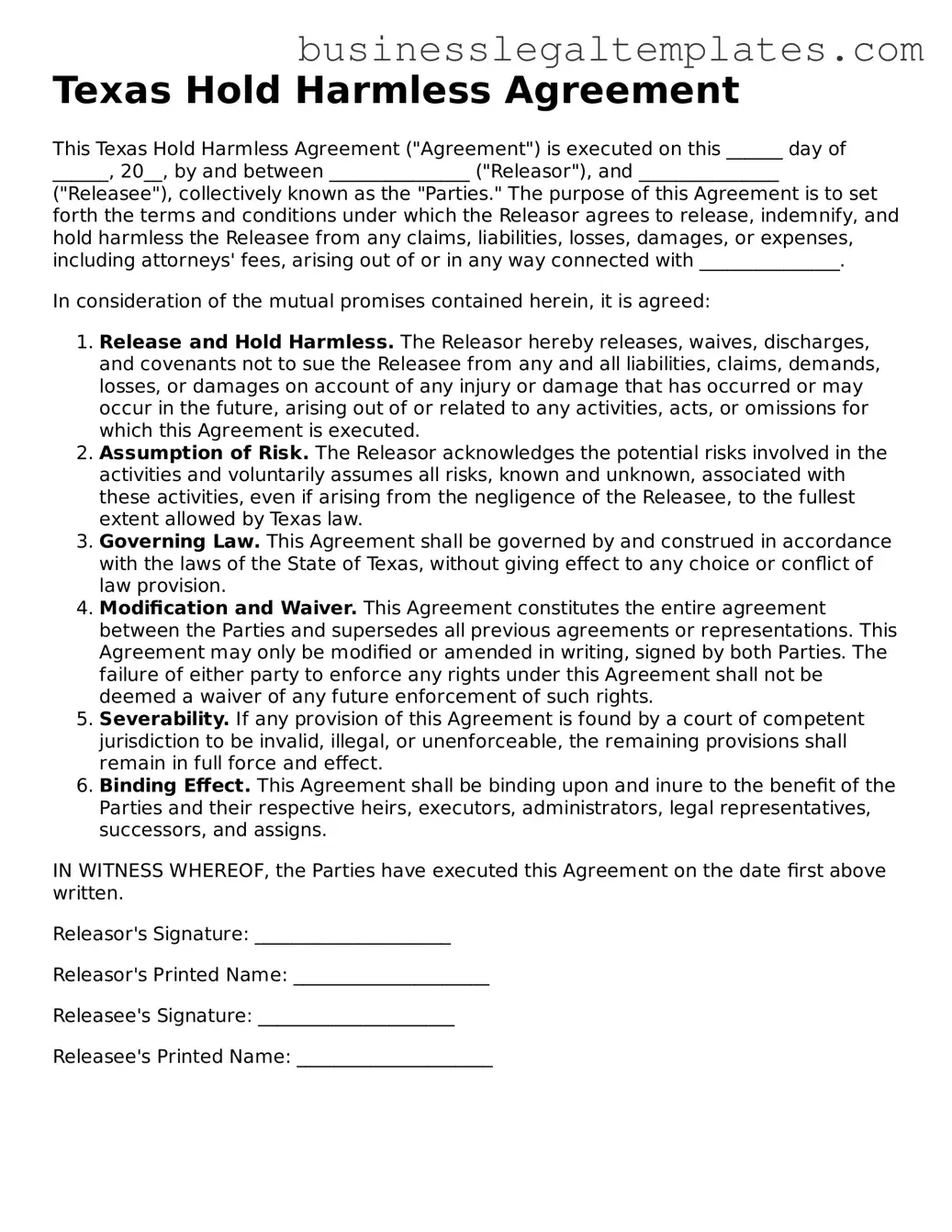 Blank Texas Hold Harmless Agreement Document
