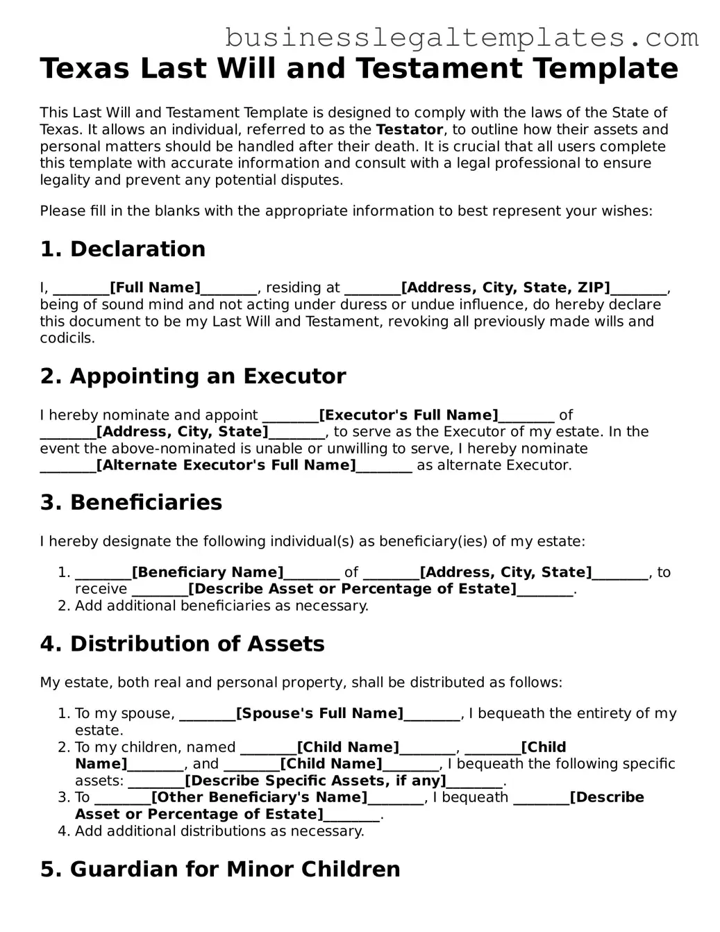 Blank Texas Last Will and Testament Document