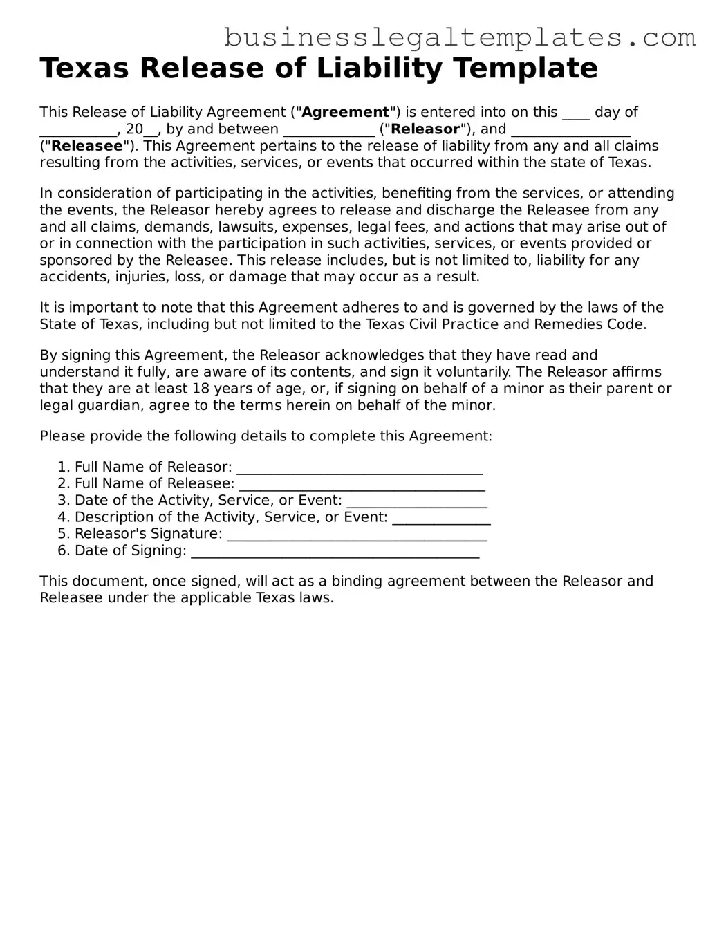 Blank Texas Release of Liability Document