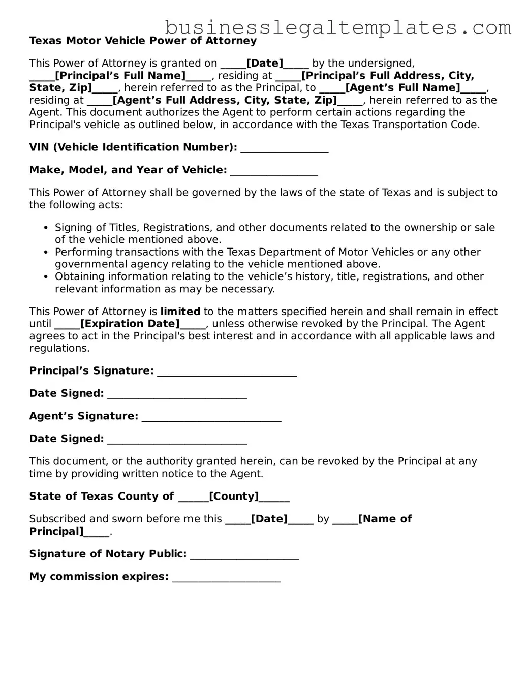 Blank Texas Motor Vehicle Power of Attorney Document