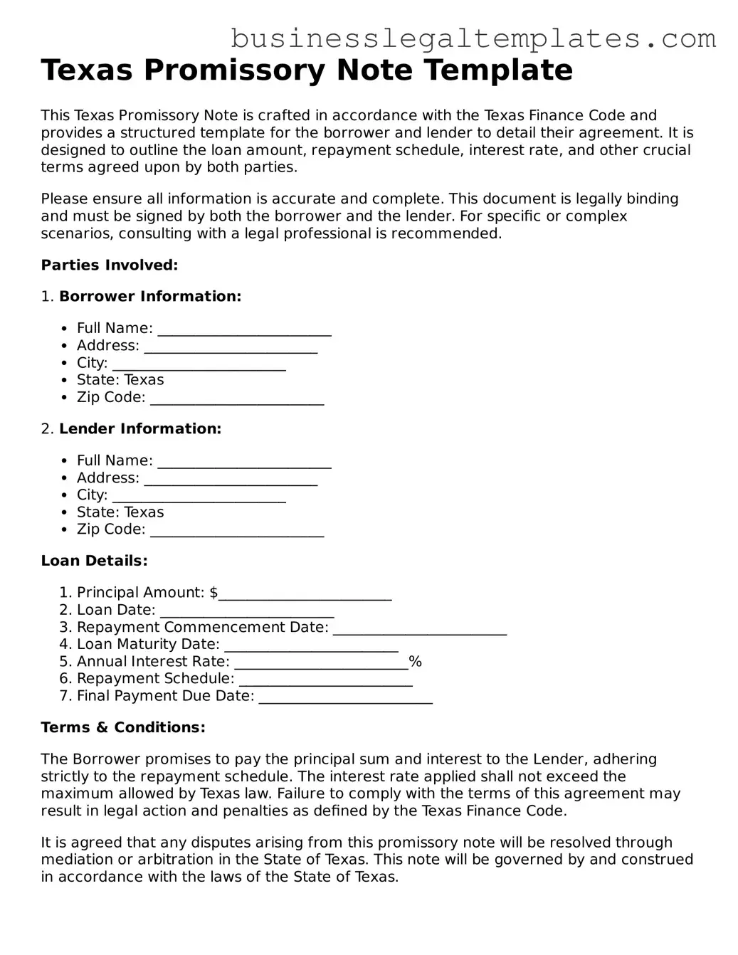 Blank Texas Promissory Note Document