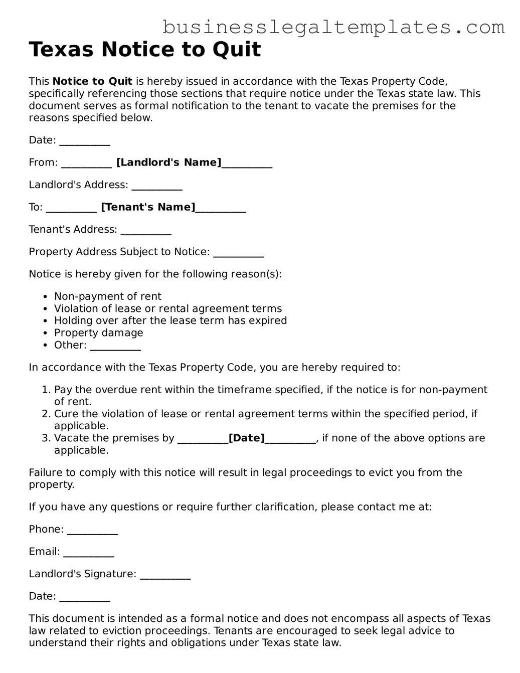 Blank Texas Notice to Quit Document