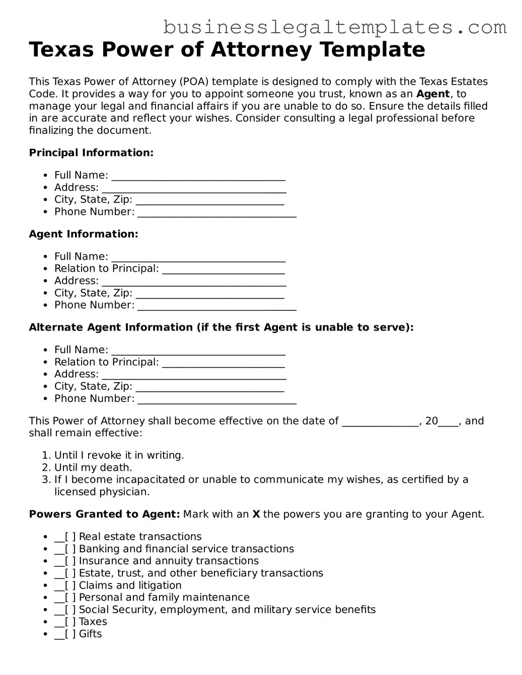 Blank Texas Power of Attorney Document