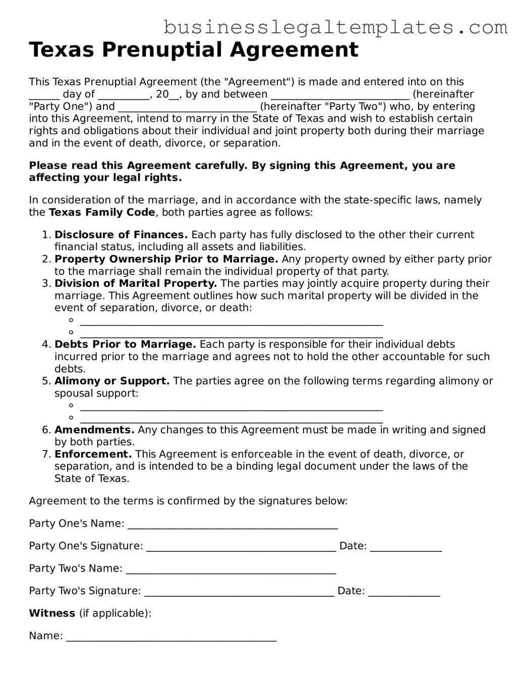 Blank Texas Prenuptial Agreement Document