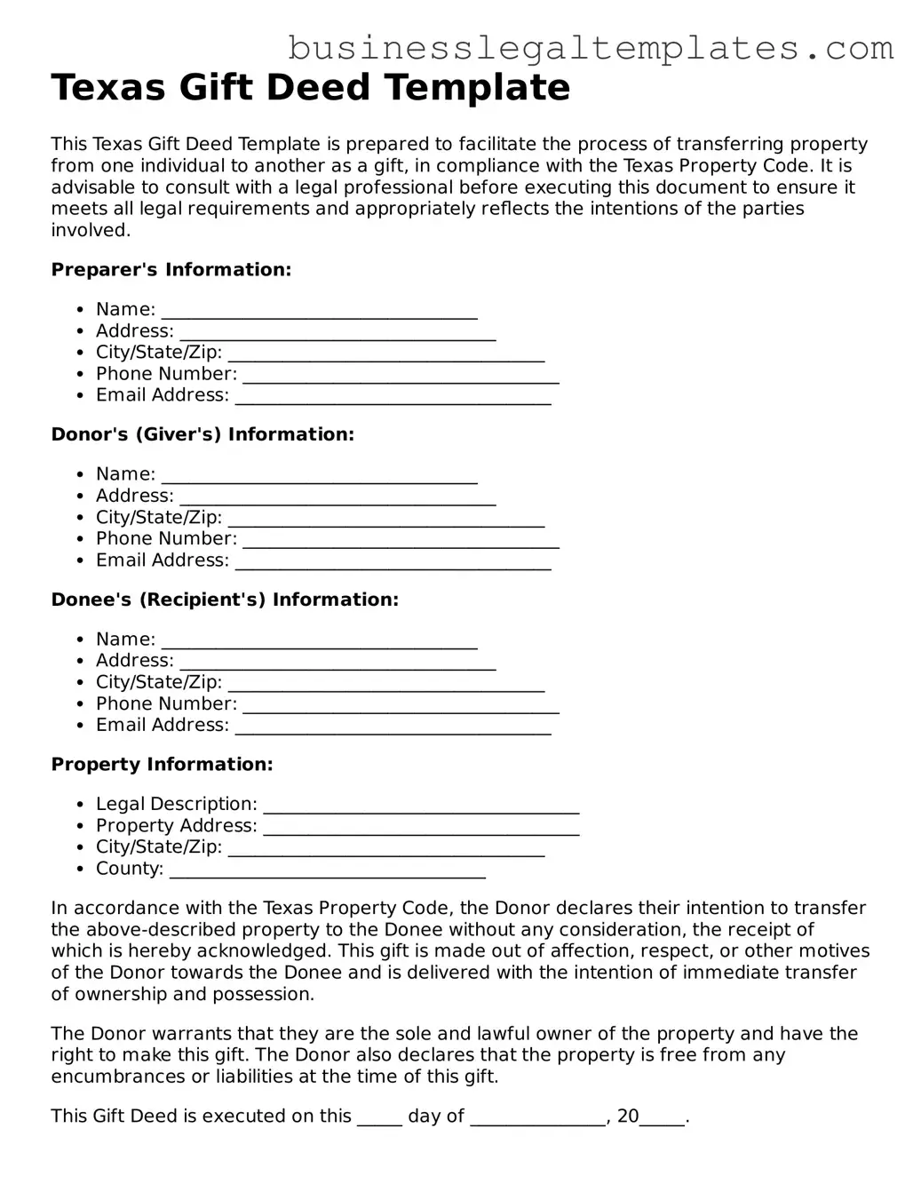 Blank Texas Gift Deed Document
