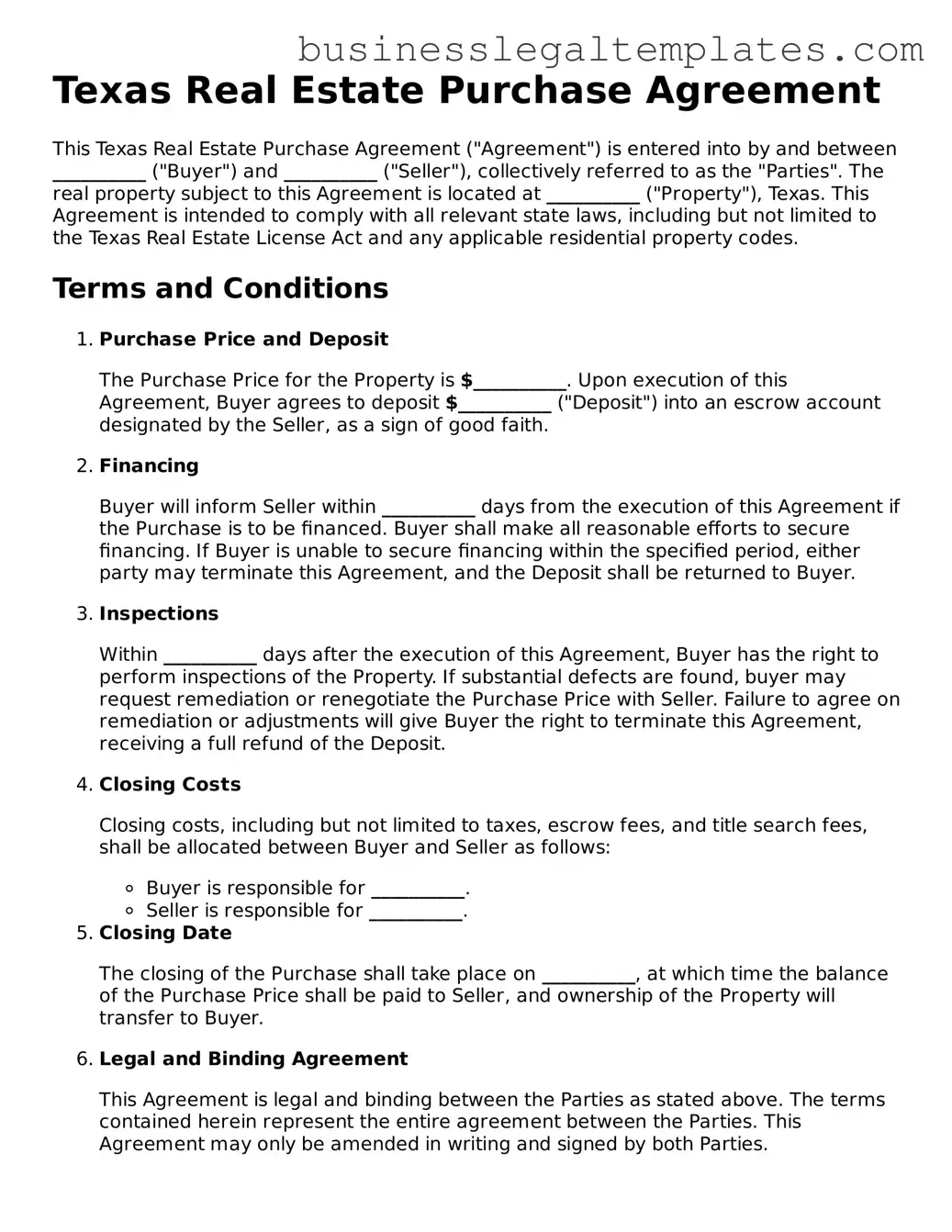 Blank Texas Real Estate Purchase Agreement Document