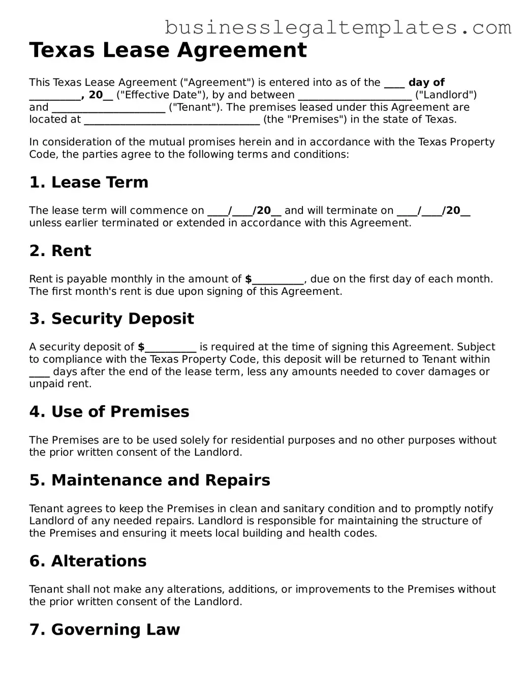 Blank Texas Lease Agreement Document
