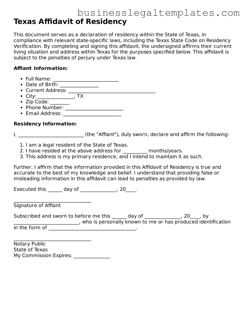 Blank Texas Affidavit of Residency Document