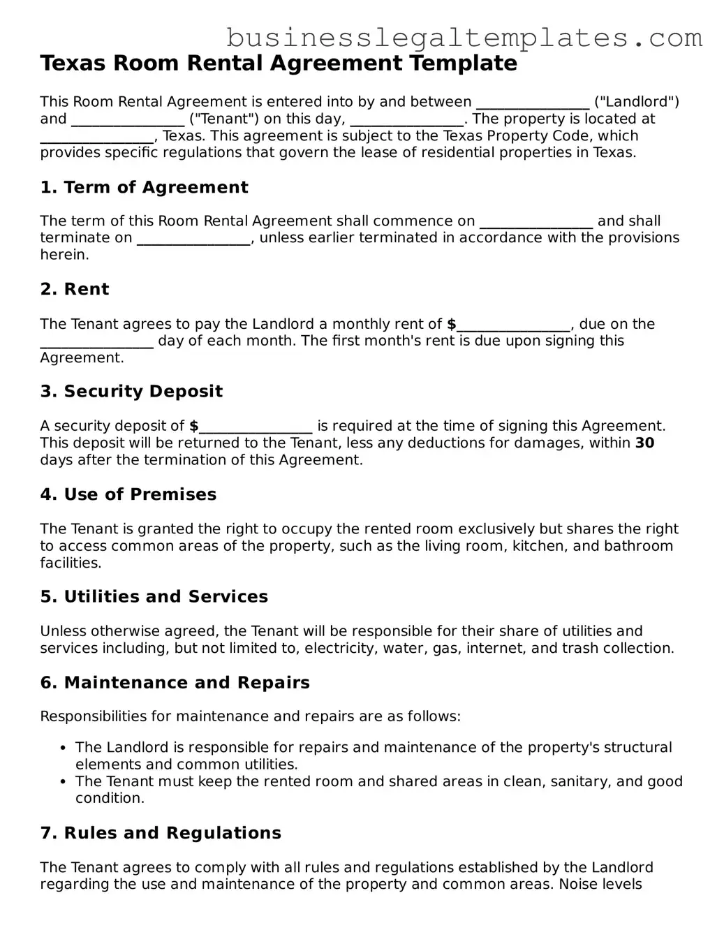 Blank Texas Room Rental Agreement Document