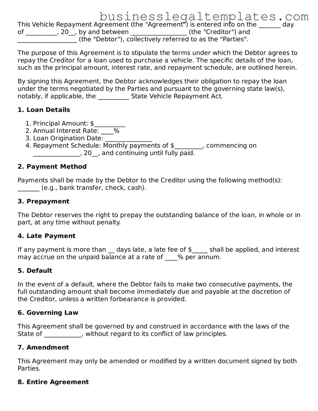Fillable Vehicle Repayment Agreement Form