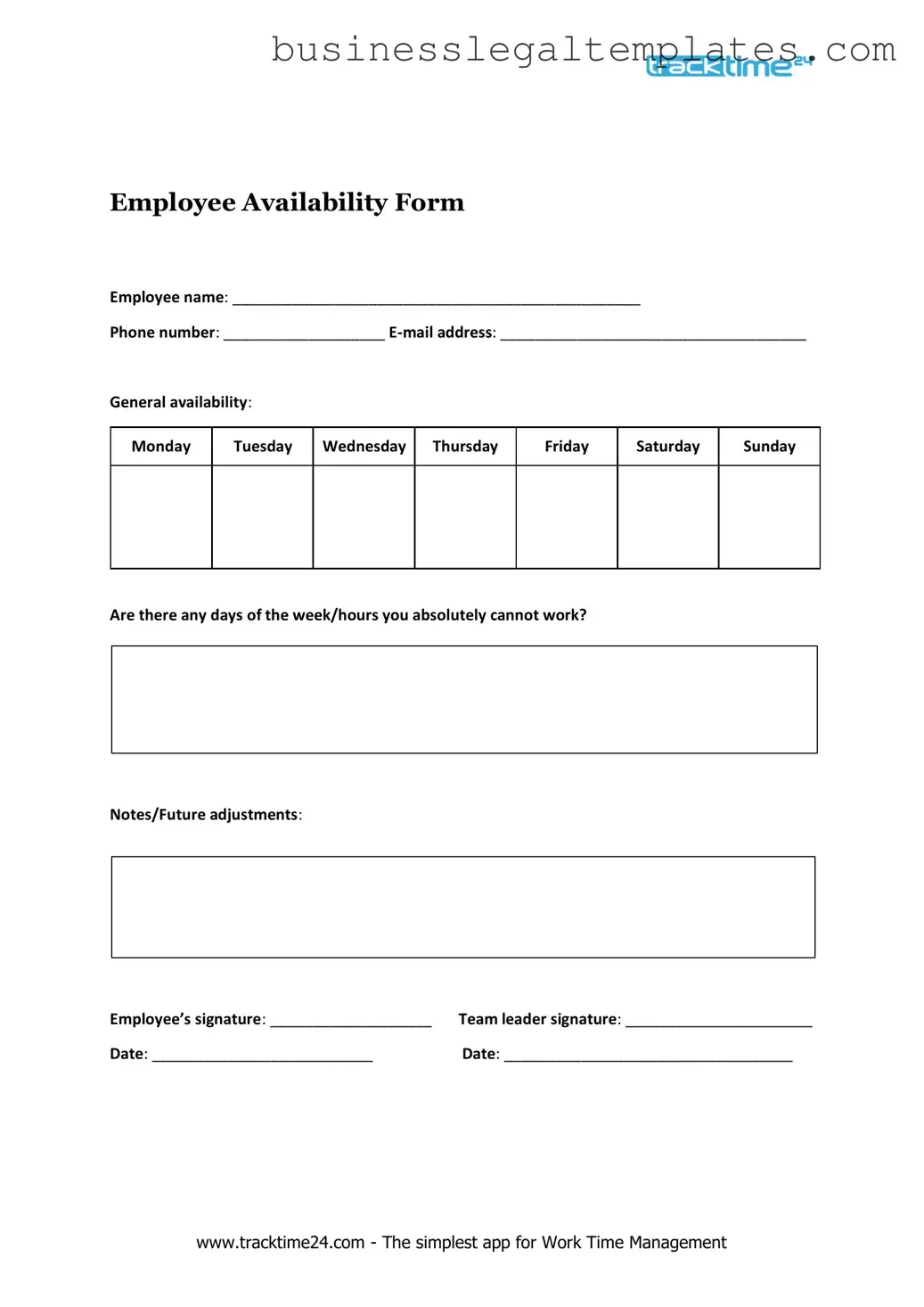 Printable Employee Availability Form