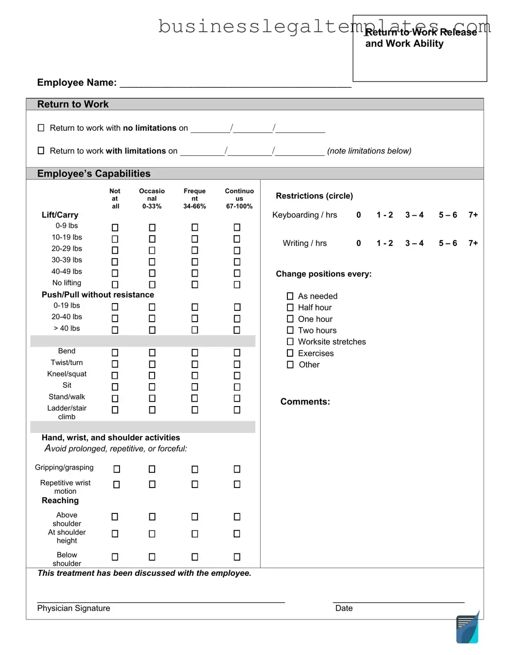 Printable Work Release Form